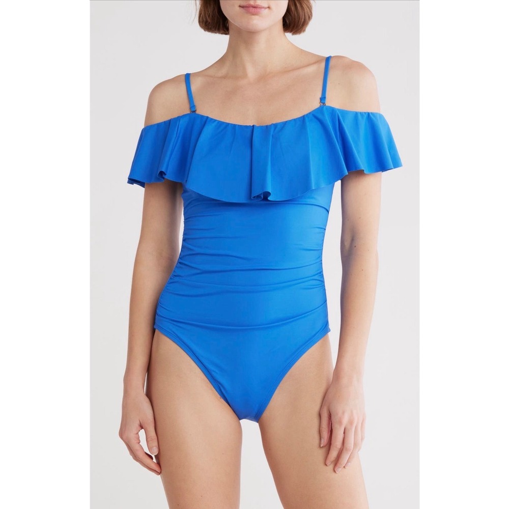 NWT La Blanca One Piece Swimsuit 16 Blue‎ Tummy Control Ruffle Minimalist Beach